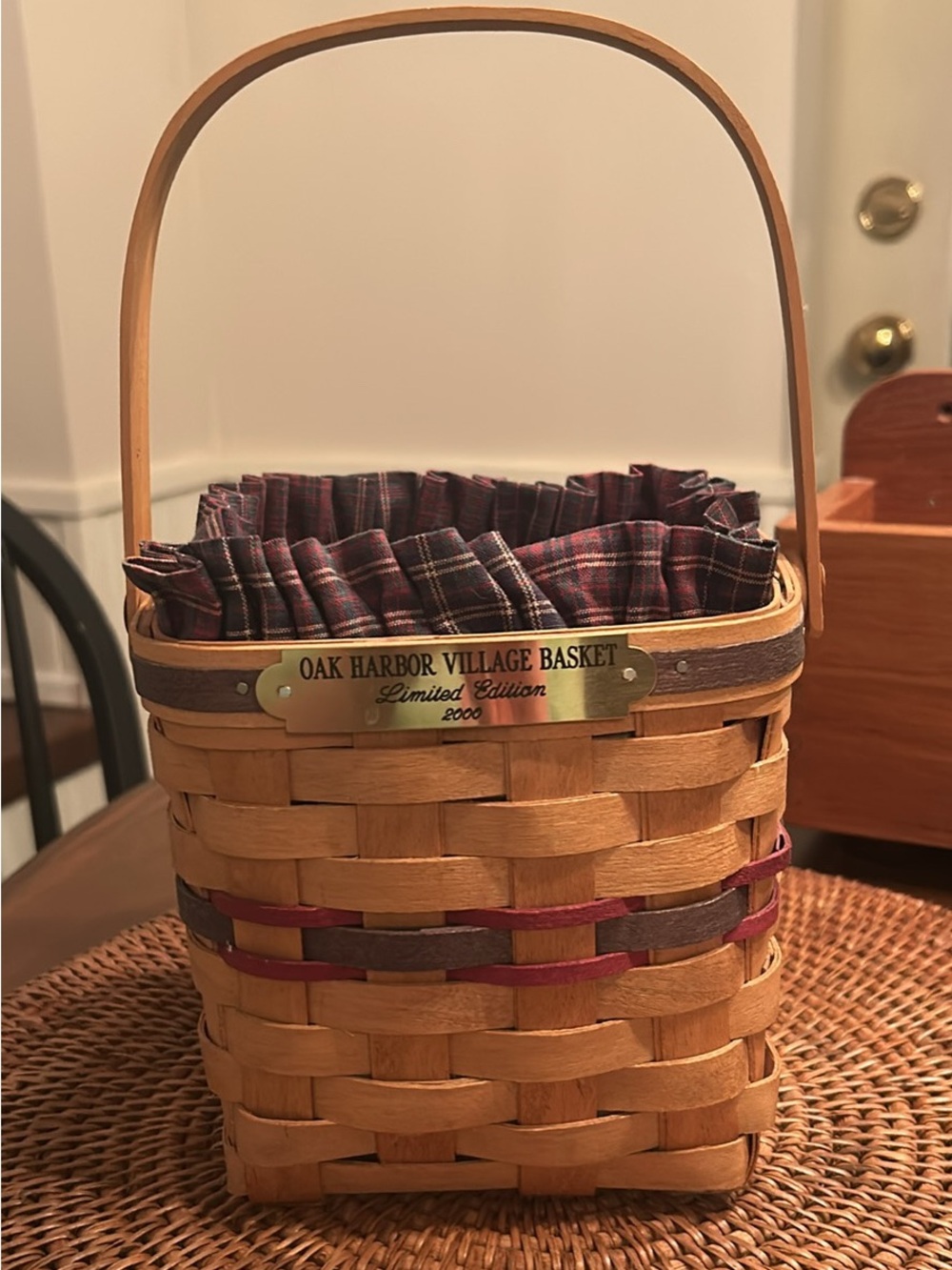 Limited Edition 2000 - Plaid-Lined Natural Wood Accent Basket